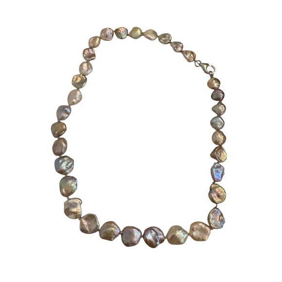 Keshi  Baroque Coin Pearls necklace Peacock Lavender Sterling Silver 9" Drop 18 - Picture 6 of 12